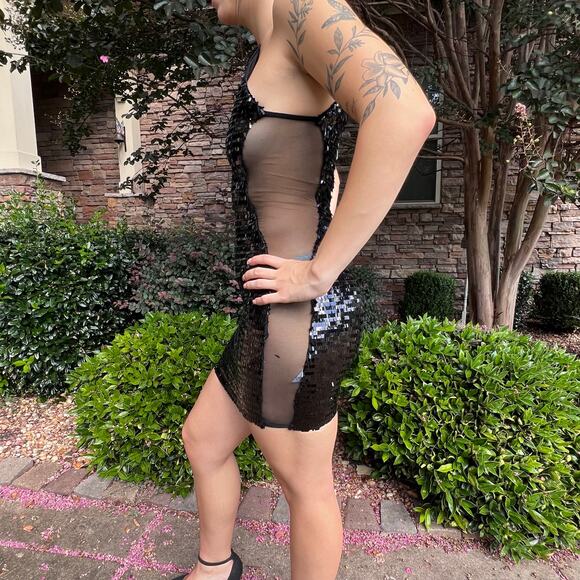 NEW NASTY GAL Vegas Baby Black Sequin Bodycon Mini Dress Sheer Sides XS - Picture 2 of 13